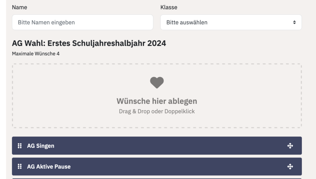 Auswahl Projekt- und Kurswahl mit Drag & Drop