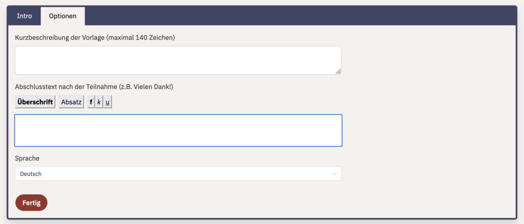 Optionen und bearbeiten des Abschlusstexts